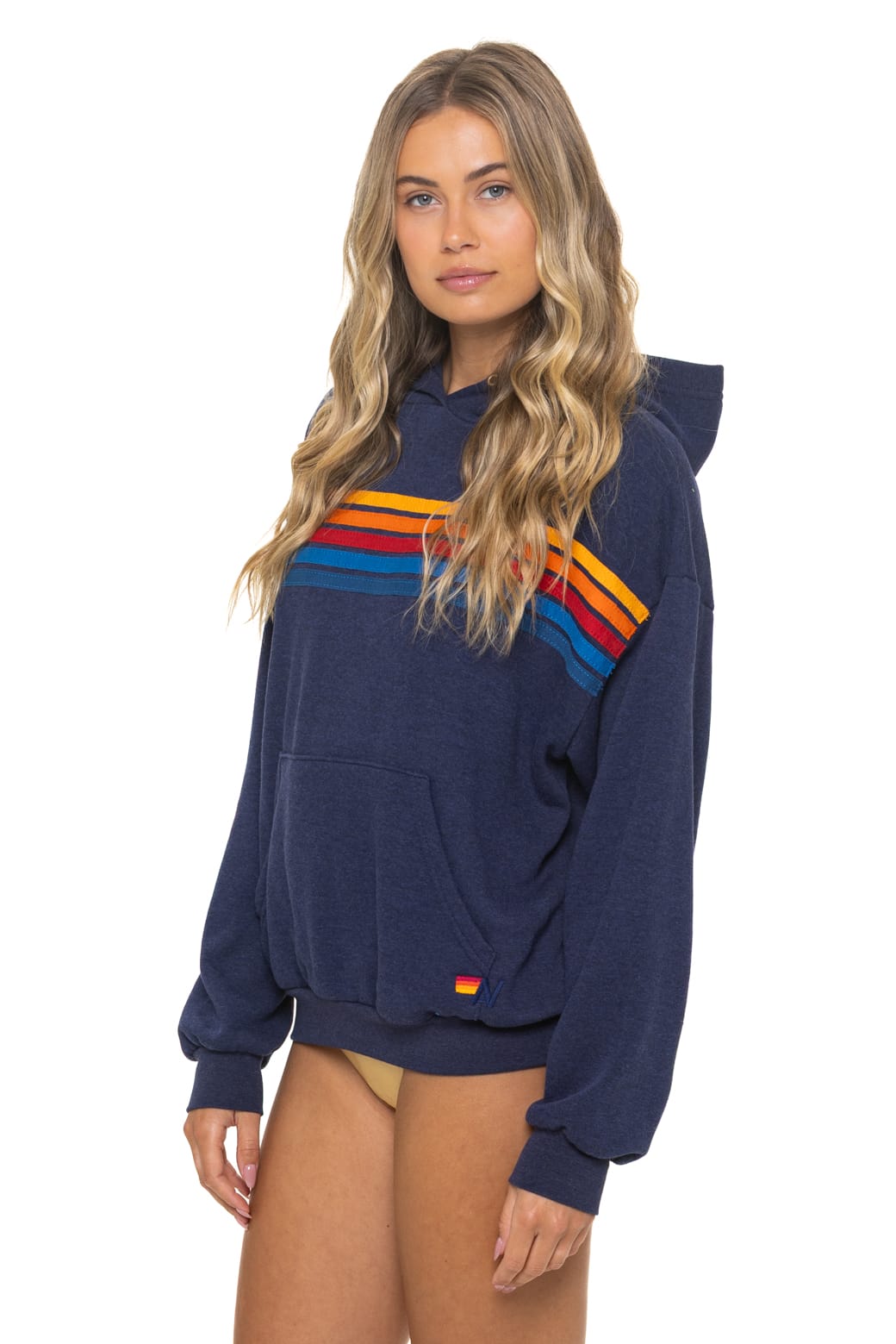 5 STRIPE RELAXED PULLOVER HOODIE - NAVY