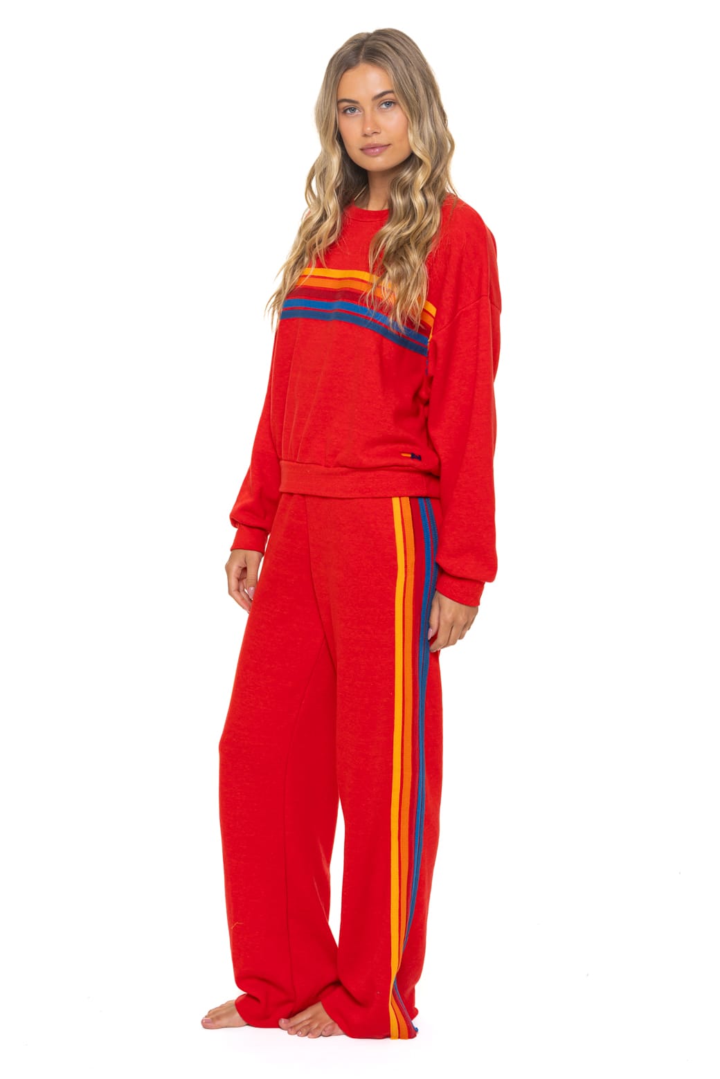 5 STRIPE RELAXED CREW SWEATSHIRT - RED