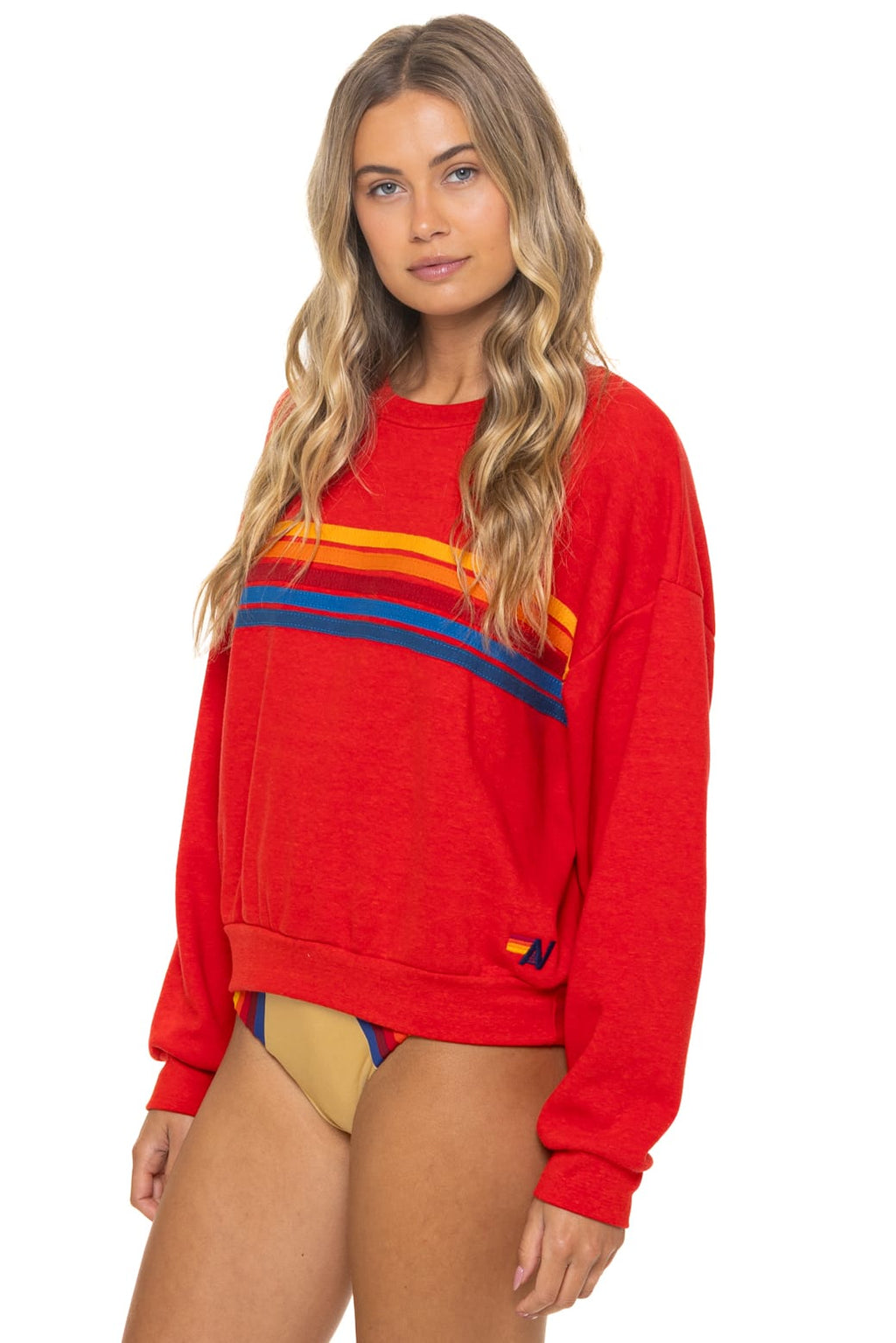 5 STRIPE RELAXED CREW SWEATSHIRT - RED