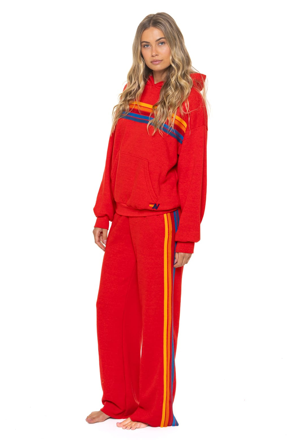 5 STRIPE RELAXED PULLOVER HOODIE - RED