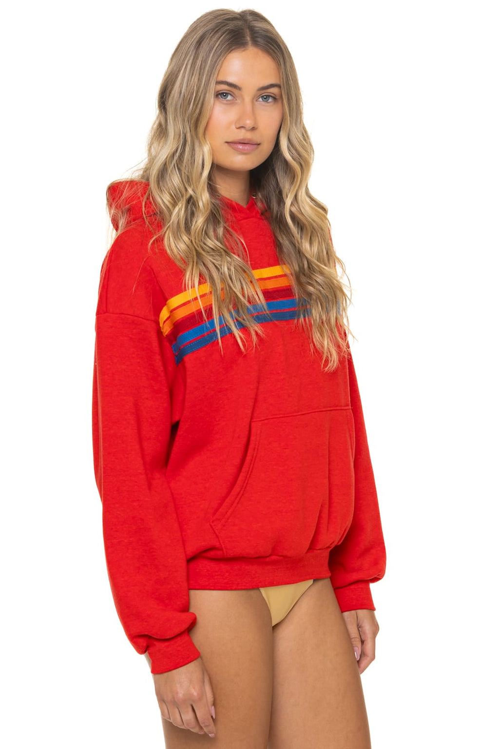 5 STRIPE RELAXED PULLOVER HOODIE - RED