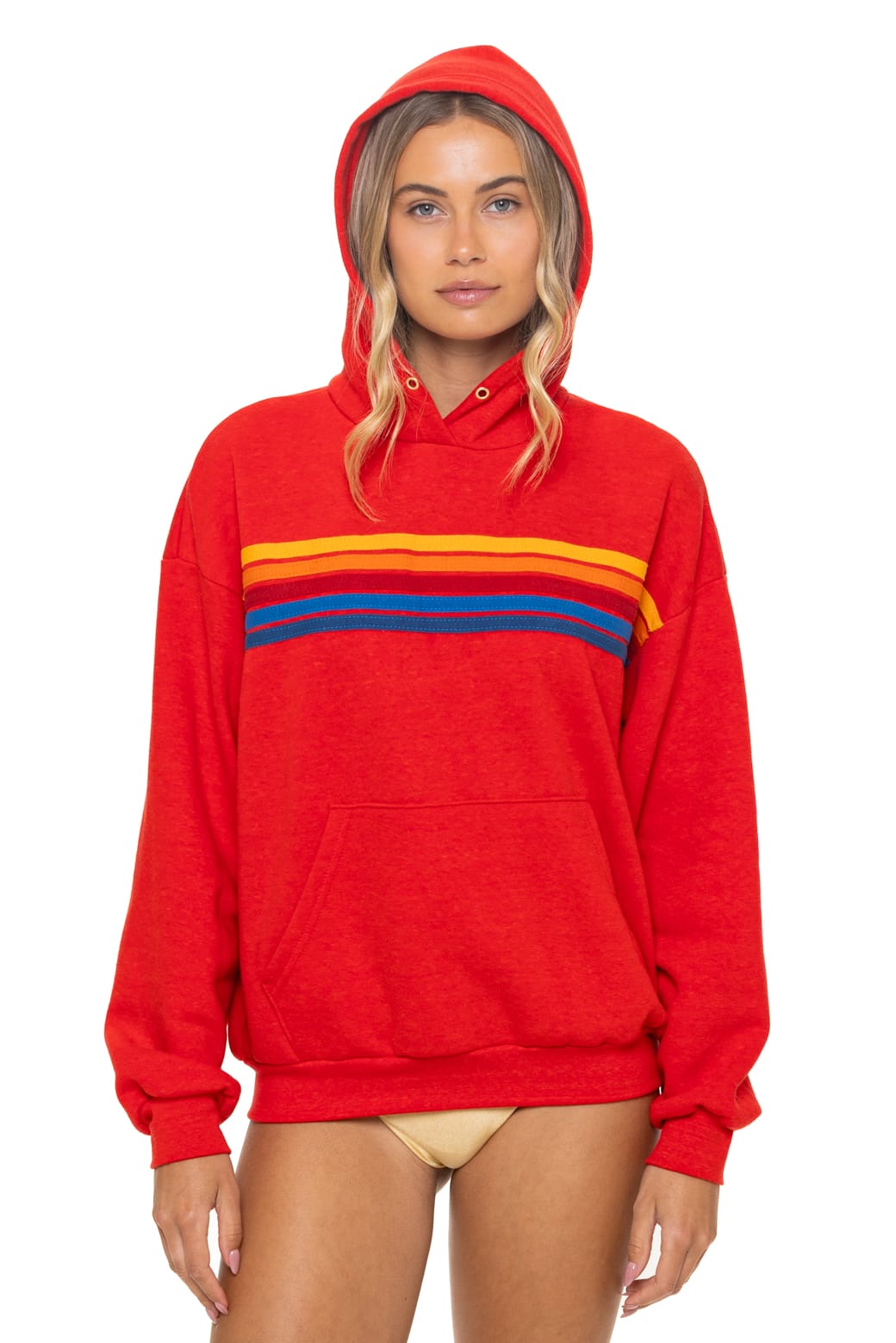 5 STRIPE RELAXED PULLOVER HOODIE - RED