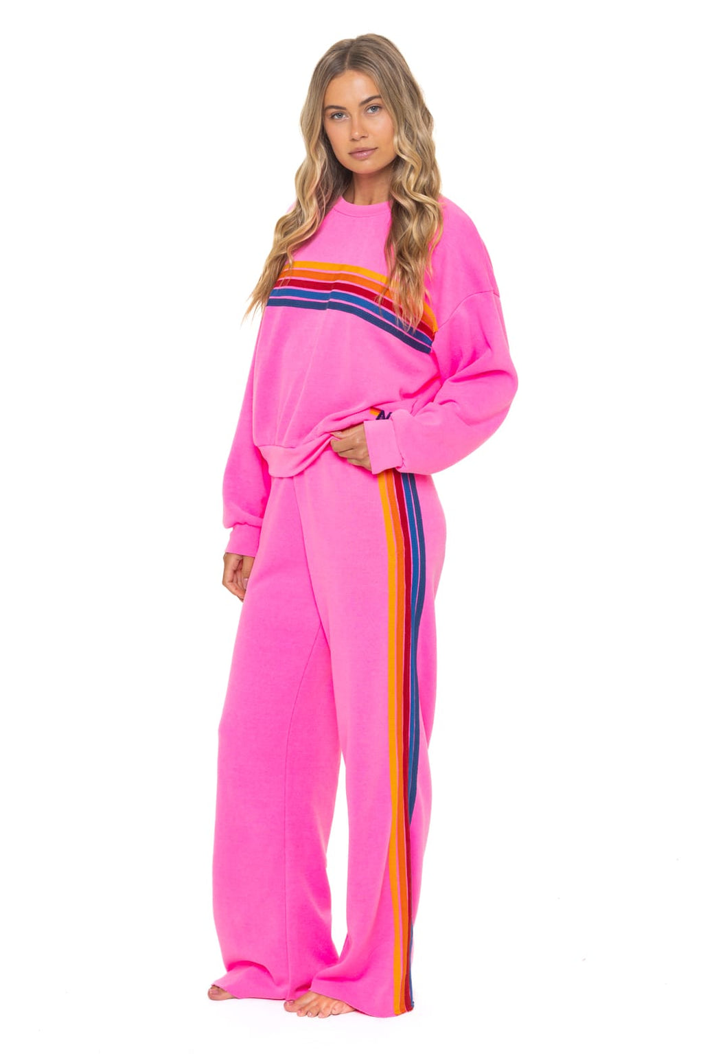5 STRIPE RELAXED CREW SWEATSHIRT - NEON PINK