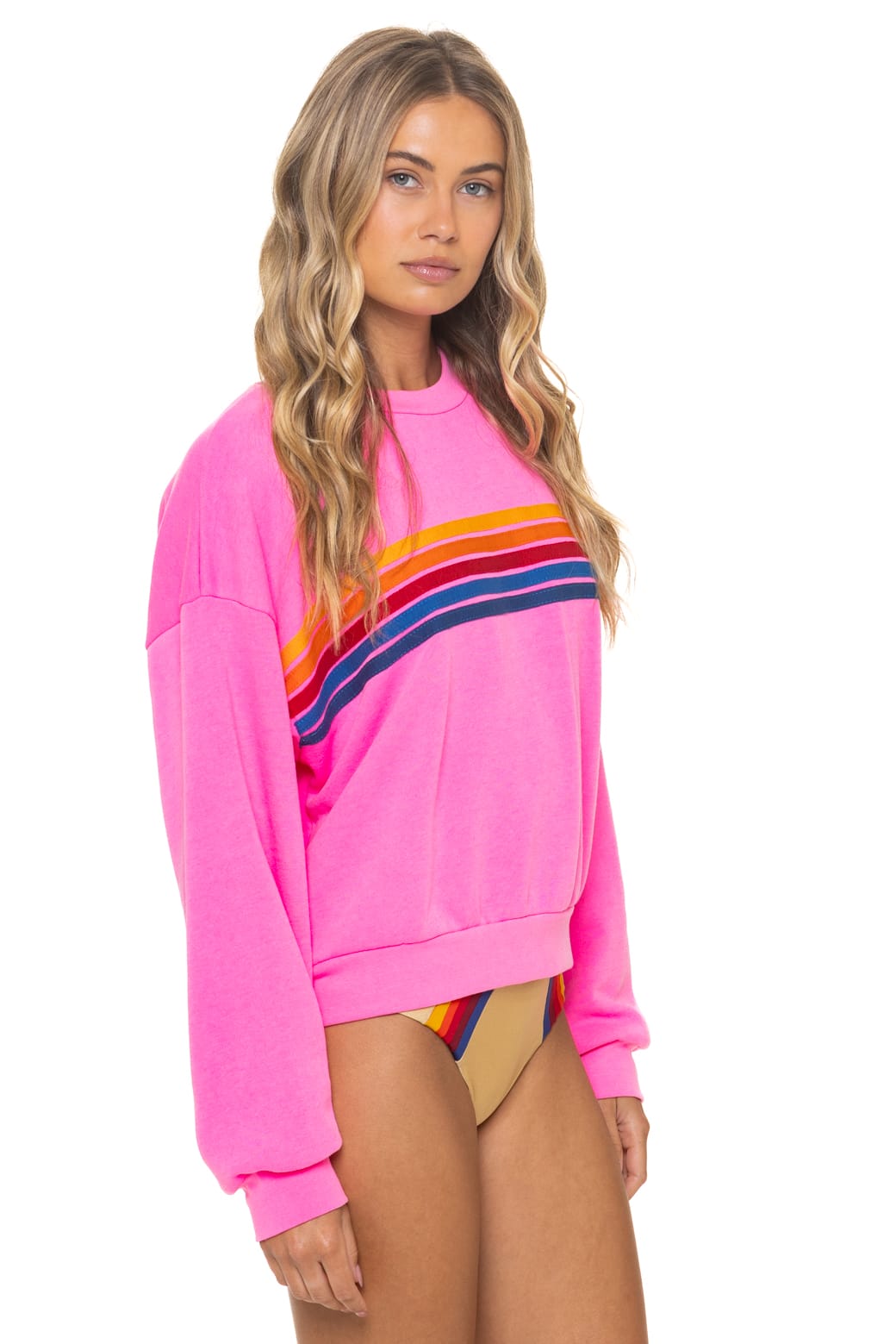 5 STRIPE RELAXED CREW SWEATSHIRT - NEON PINK