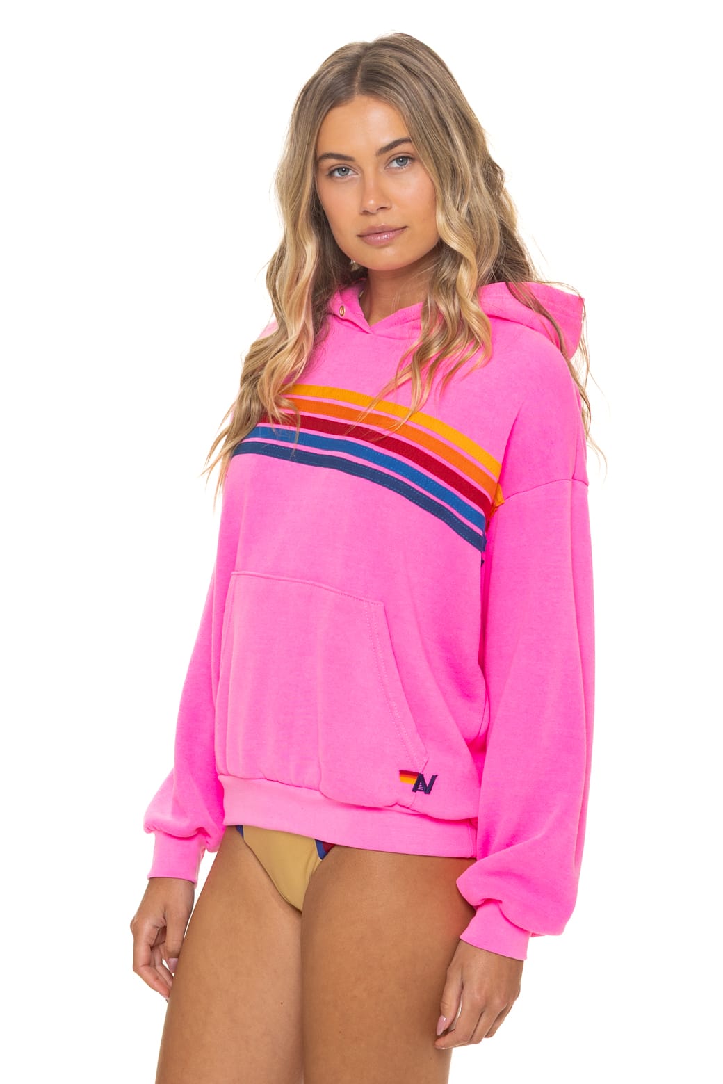 5 STRIPE RELAXED PULLOVER HOODIE - NEON PINK