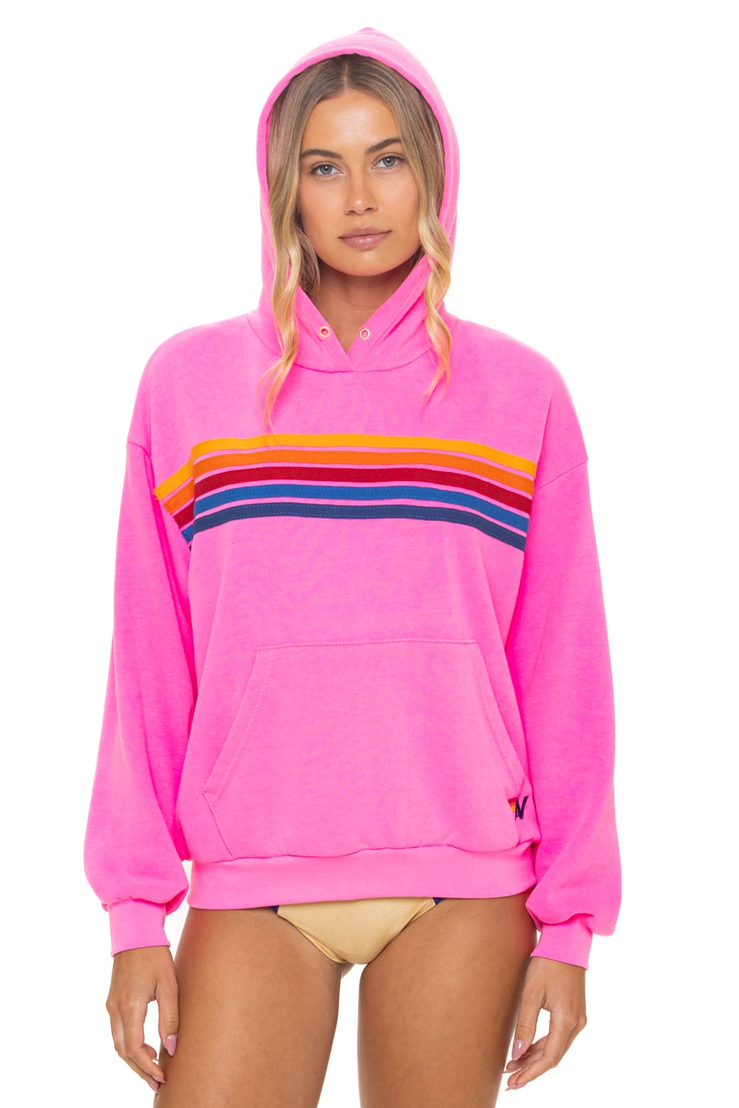 5 STRIPE RELAXED PULLOVER HOODIE - NEON PINK