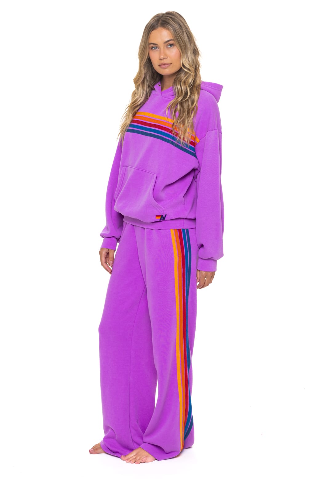 5 STRIPE RELAXED PULLOVER HOODIE - NEON PURPLE