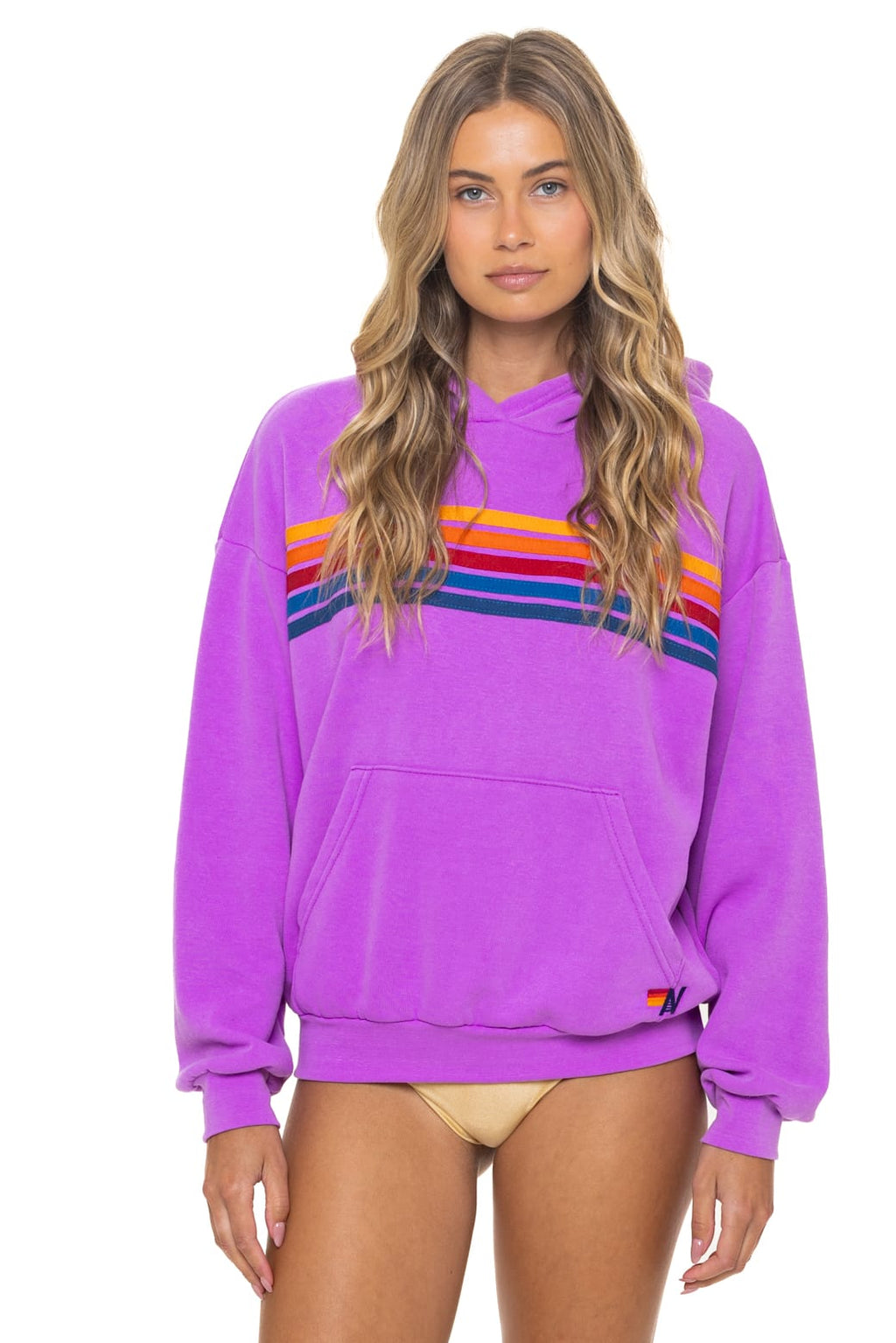 5 STRIPE RELAXED PULLOVER HOODIE - NEON PURPLE