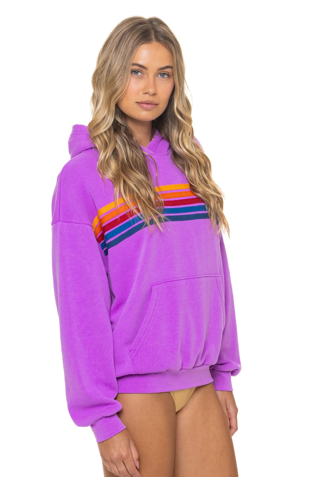 5 STRIPE RELAXED PULLOVER HOODIE - NEON PURPLE