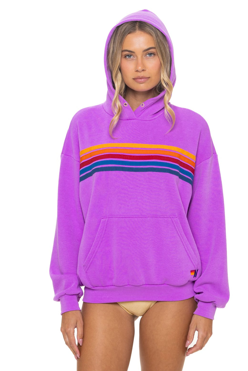 5 STRIPE RELAXED PULLOVER HOODIE - NEON PURPLE