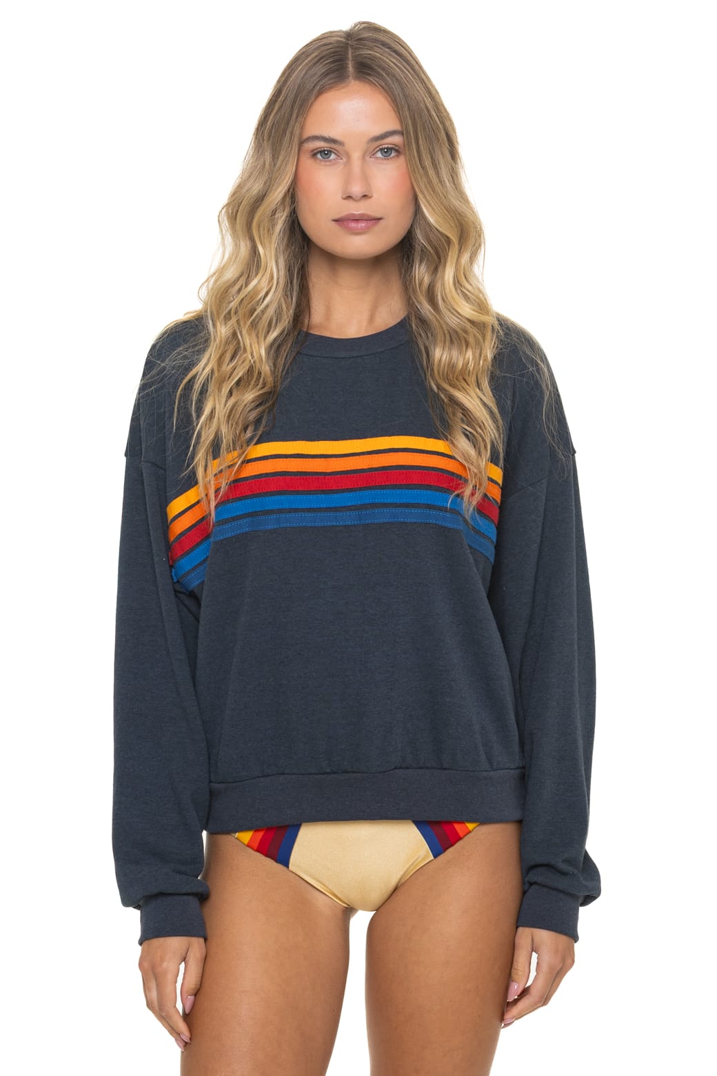 5 STRIPE RELAXED CREW SWEATSHIRT - CHARCOAL