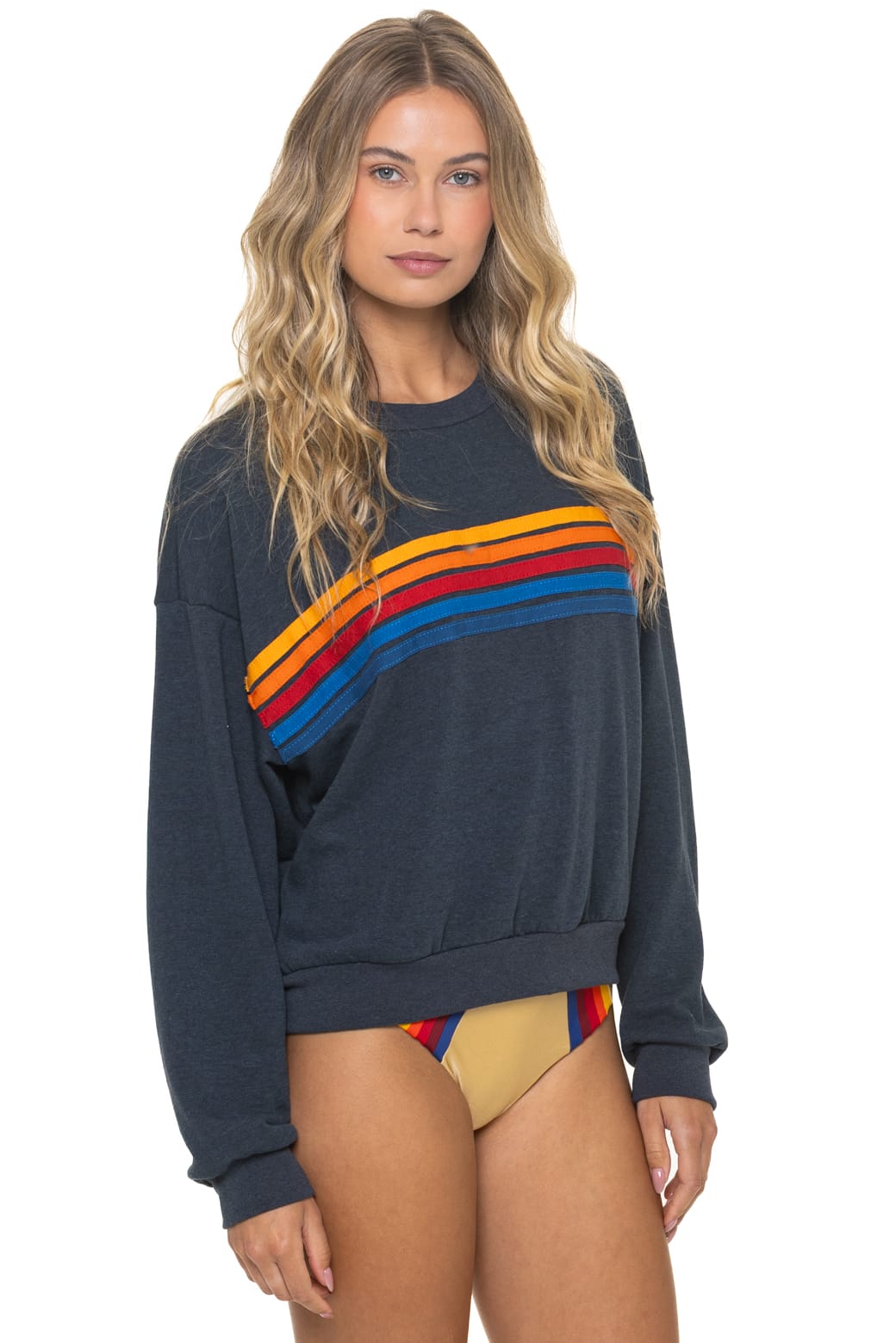 5 STRIPE RELAXED CREW SWEATSHIRT - CHARCOAL