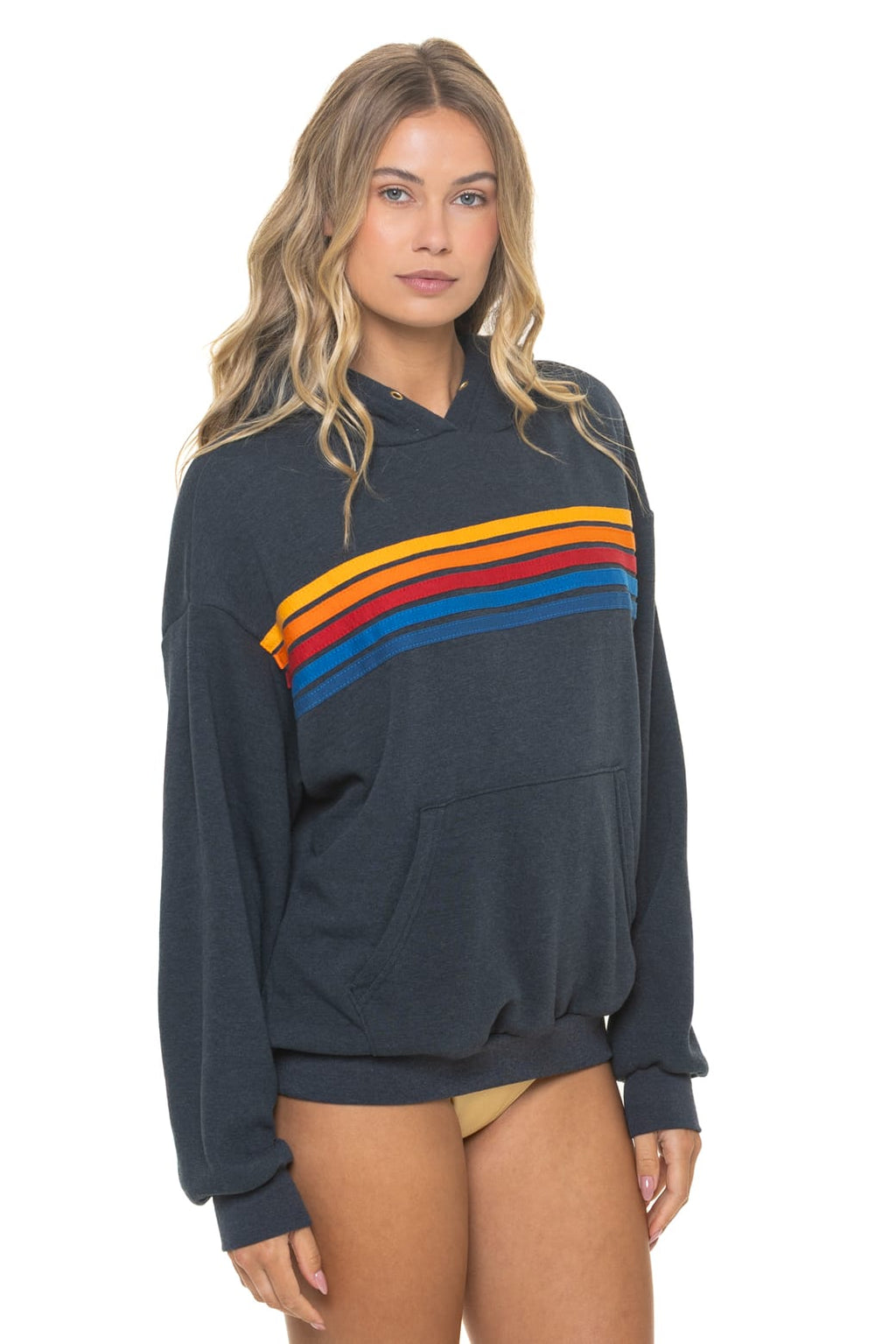 5 STRIPE RELAXED PULLOVER HOODIE - CHARCOAL