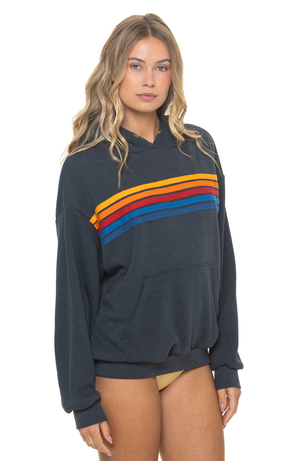 5 STRIPE RELAXED PULLOVER HOODIE - CHARCOAL
