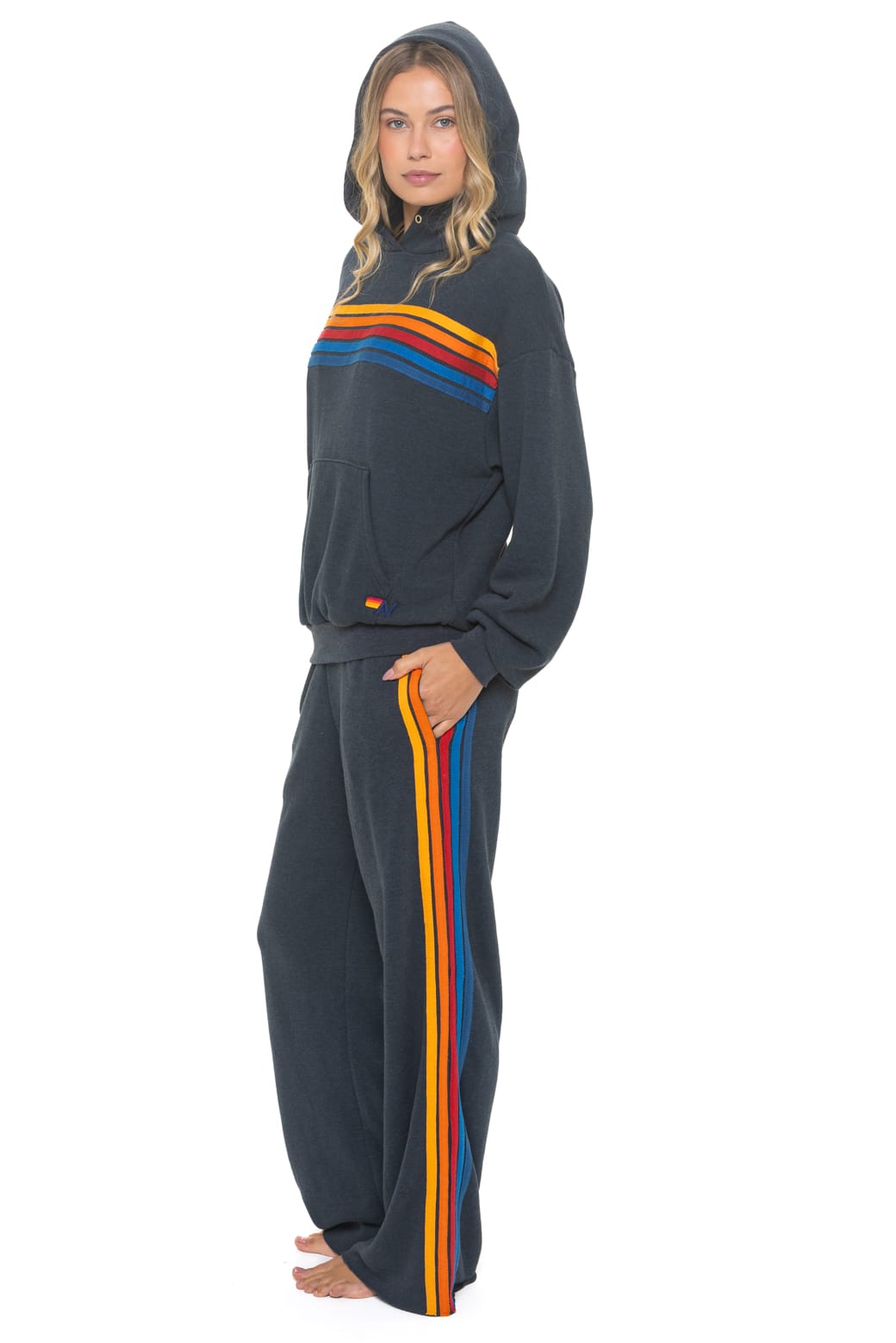 5 STRIPE RELAXED PULLOVER HOODIE - CHARCOAL