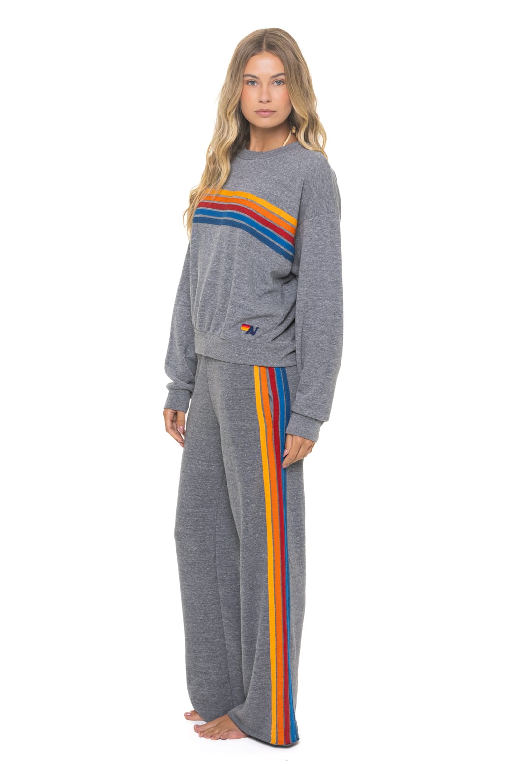 5 STRIPE RELAXED CREW SWEATSHIRT - HEATHER GREY