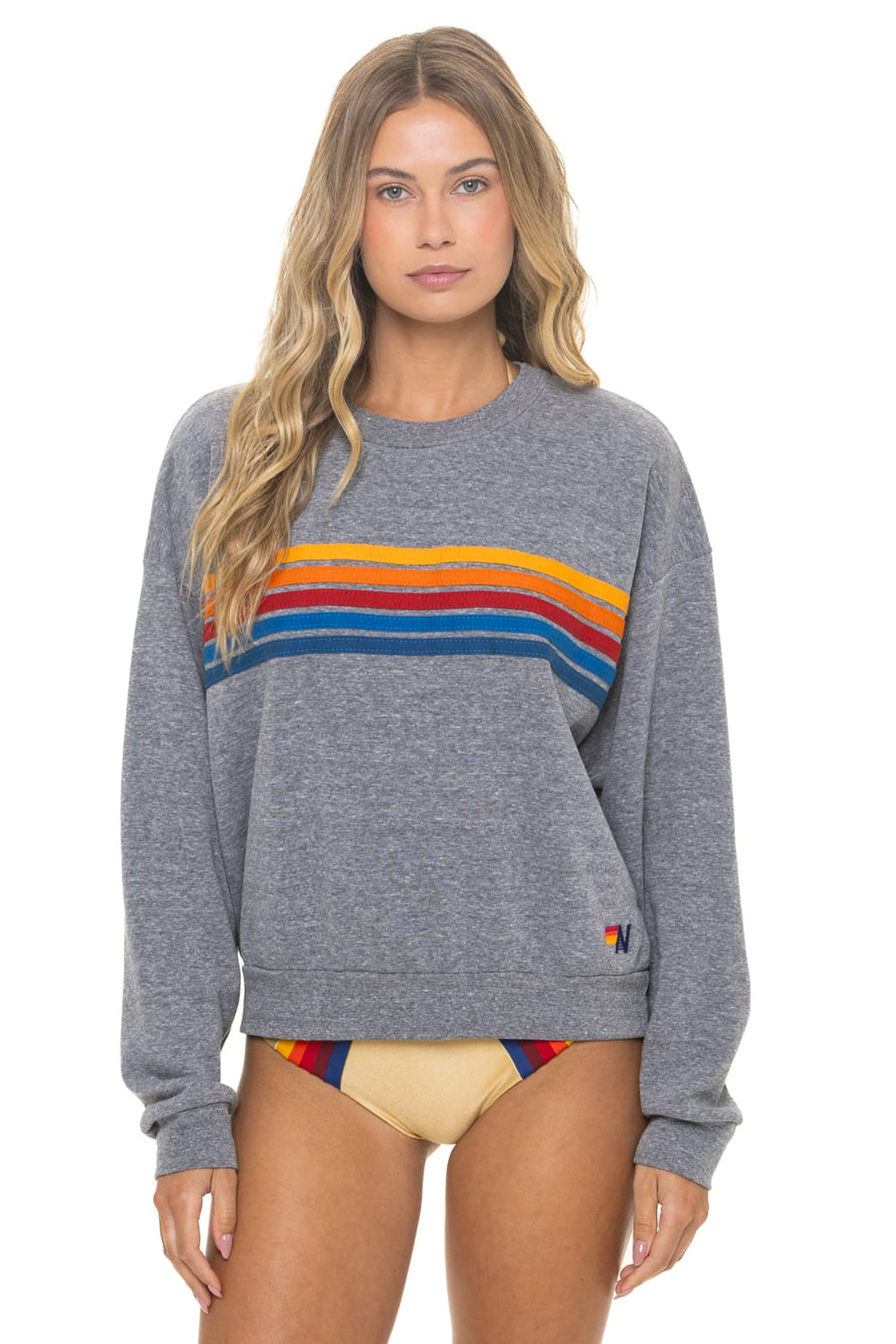 5 STRIPE RELAXED CREW SWEATSHIRT - HEATHER GREY