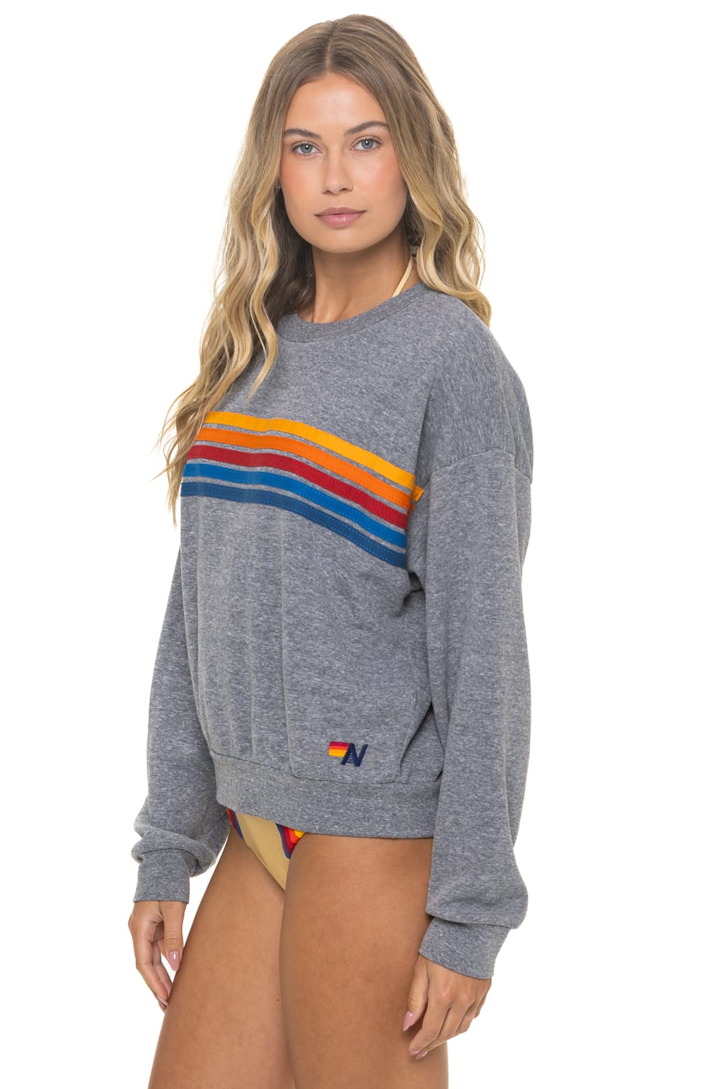 5 STRIPE RELAXED CREW SWEATSHIRT - HEATHER GREY