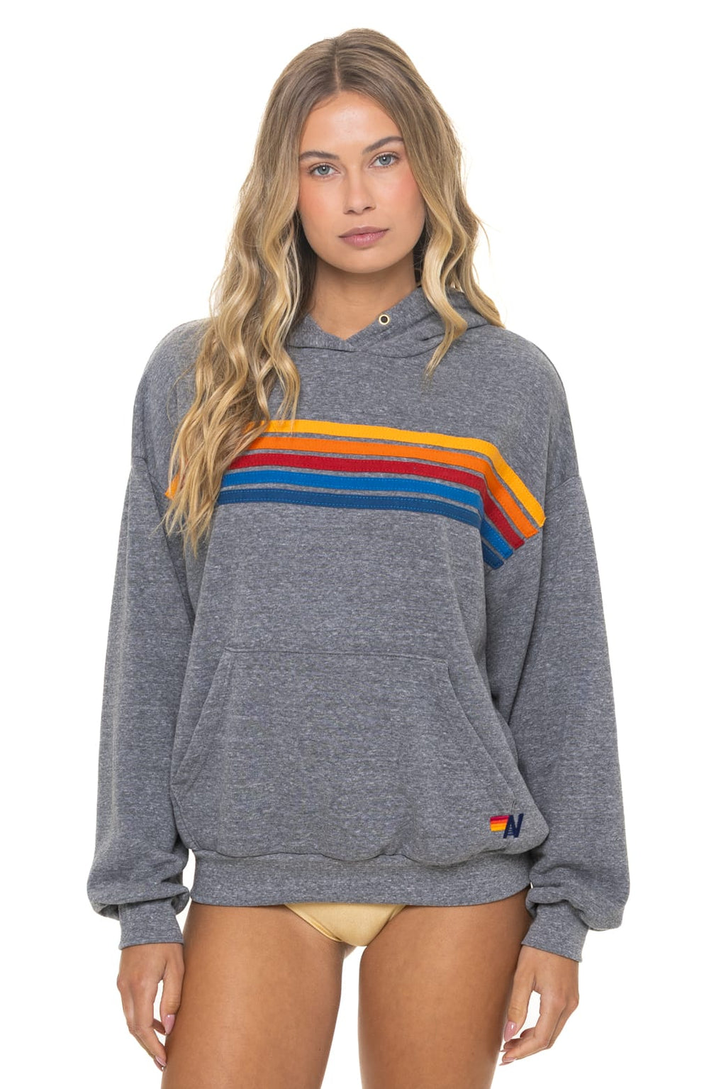 5 STRIPE RELAXED PULLOVER HOODIE - HEATHER GREY