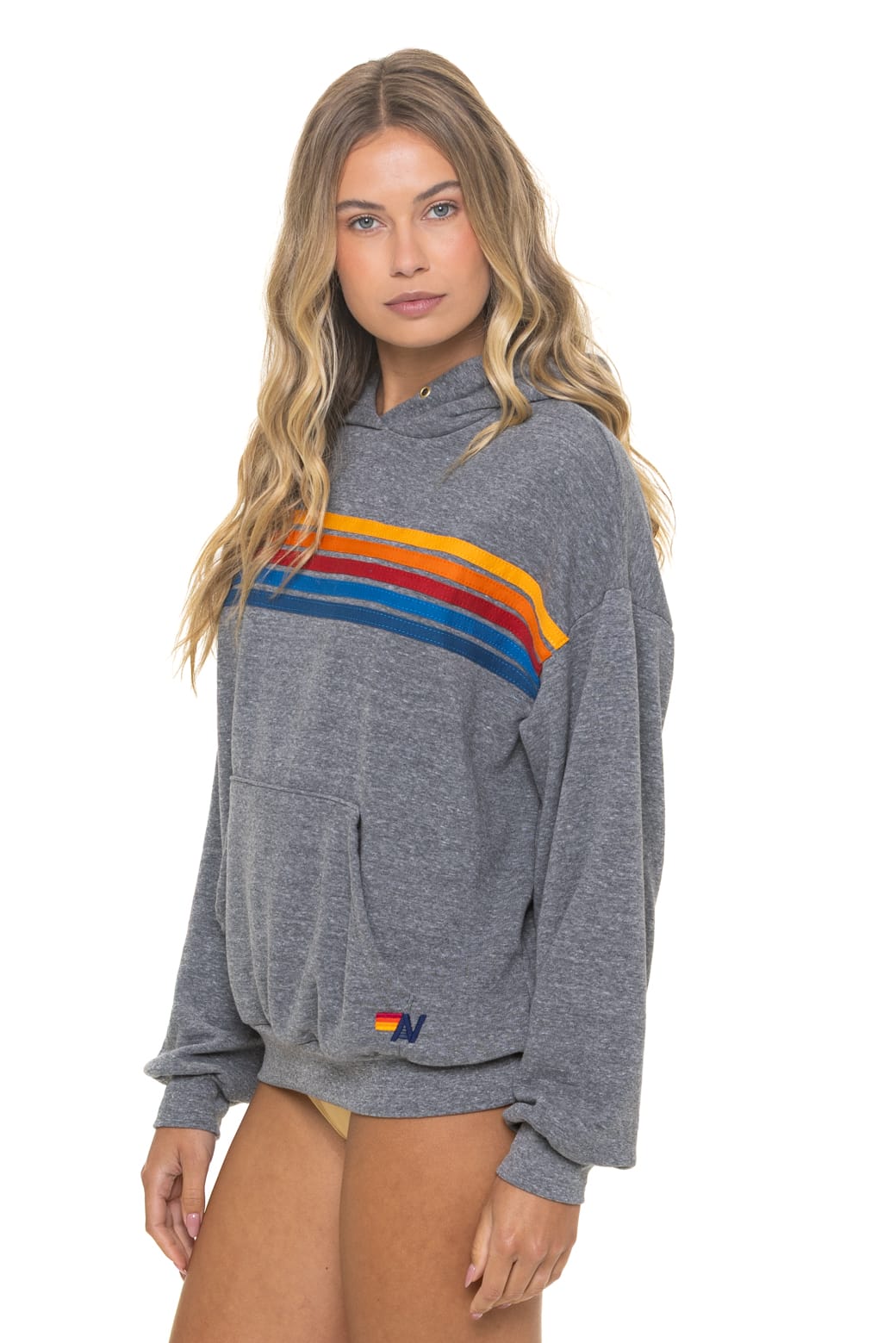 5 STRIPE RELAXED PULLOVER HOODIE - HEATHER GREY