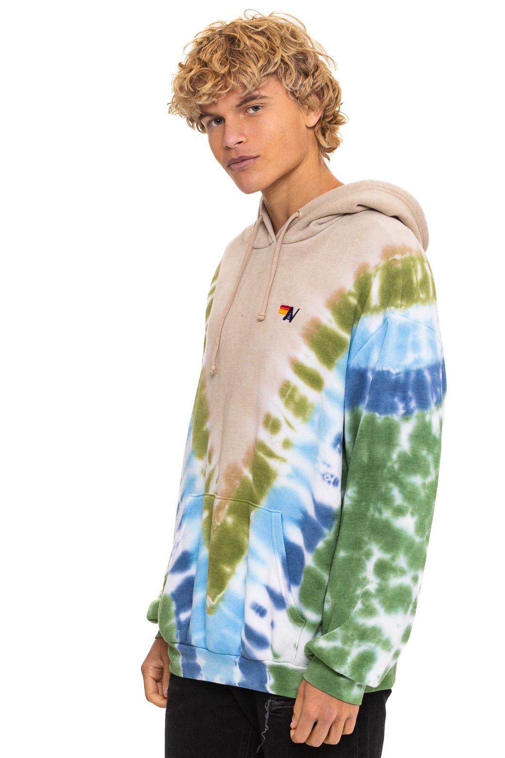 HAND DYED V RELAXED PULLOVER HOODIE - TIE DYE SAND // BLUE GREEN