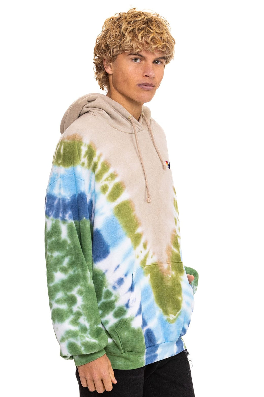 HAND DYED V RELAXED PULLOVER HOODIE - TIE DYE SAND // BLUE GREEN