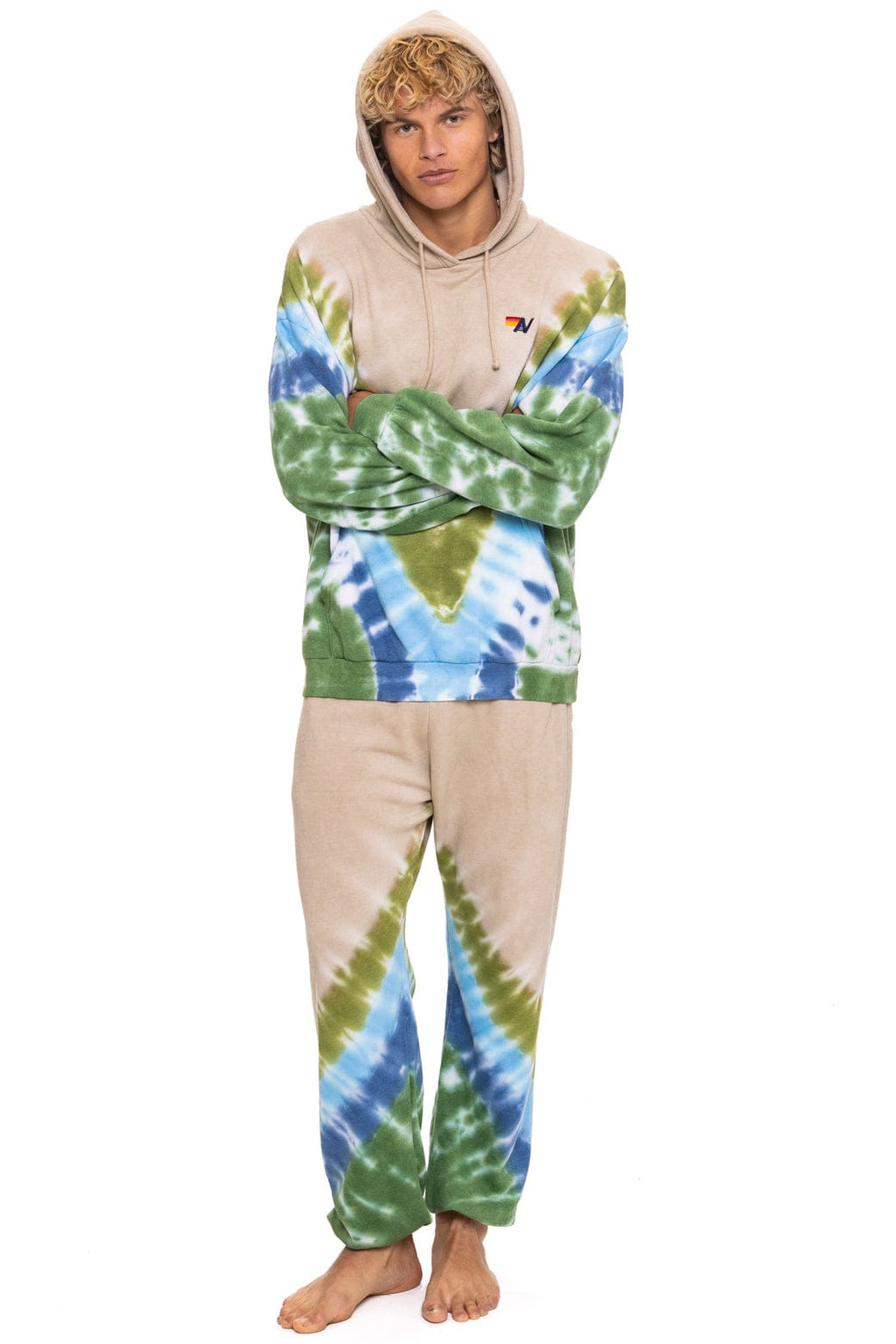 HAND DYED V RELAXED PULLOVER HOODIE - TIE DYE SAND // BLUE GREEN