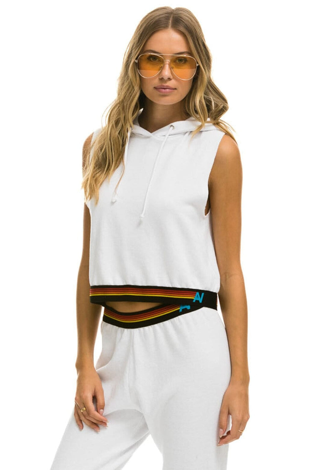 LOGO STRIPE SLEEVELESS CROP PULLOVER HOODIE - WHITE