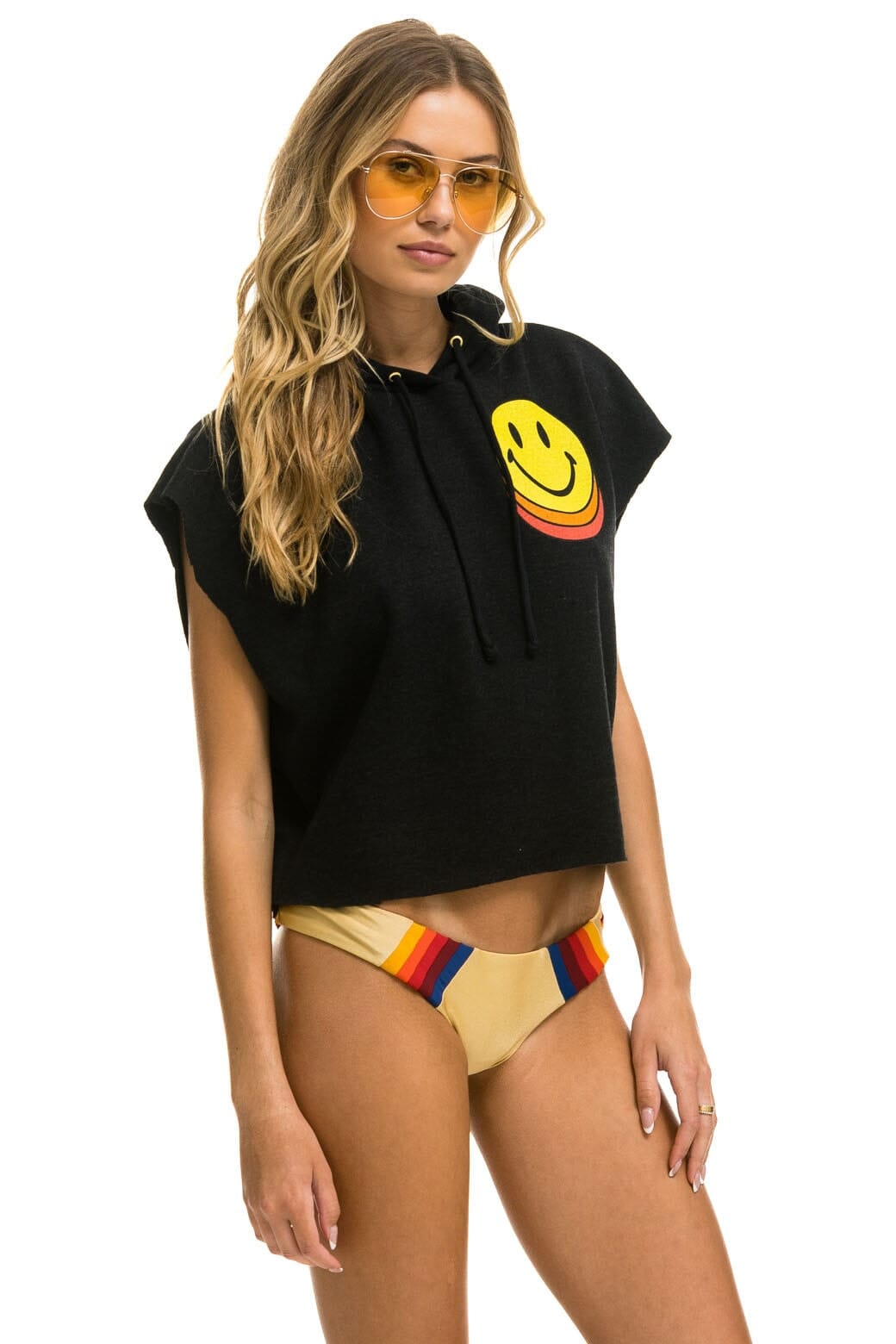 SMILEY SUNSET SLEEVELESS RELAXED CROPPED PULLOVER HOODIE - BLACK