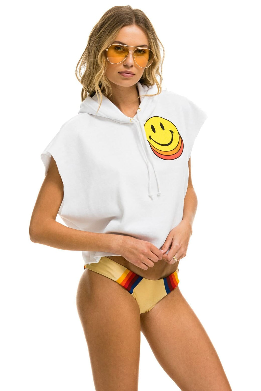 SMILEY SUNSET SLEEVELESS RELAXED CROPPED PULLOVER HOODIE - WHITE