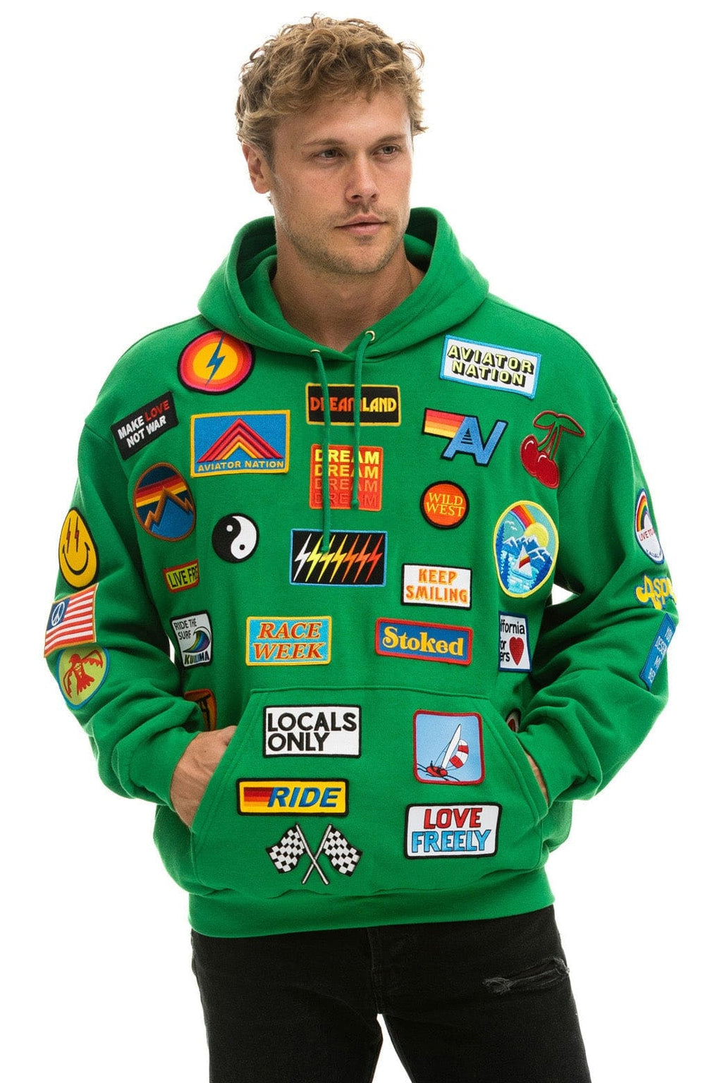 VINTAGE PATCH RELAXED PULLOVER HOODIE- KELLY GREEN