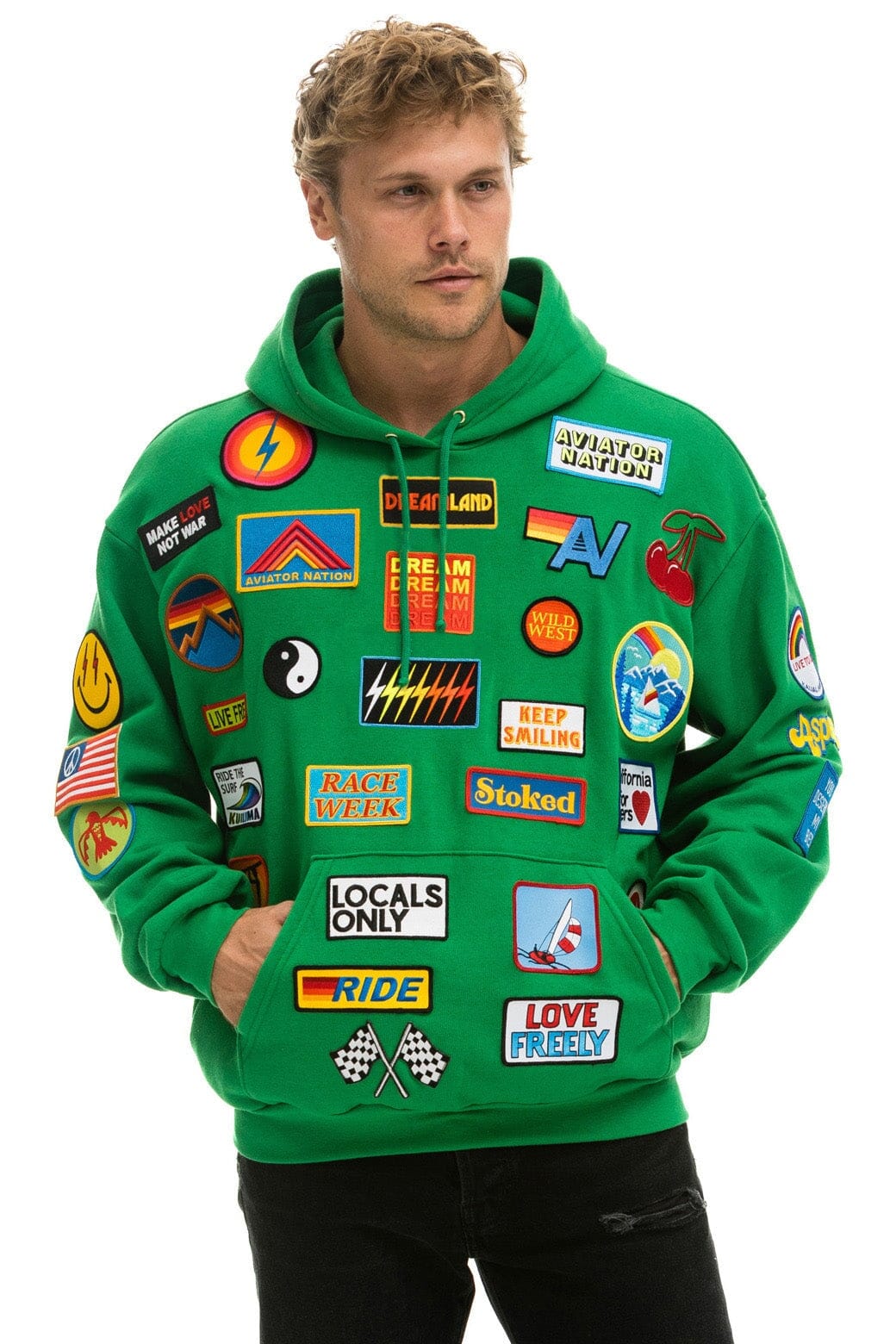 VINTAGE PATCH RELAXED PULLOVER HOODIE- KELLY GREEN